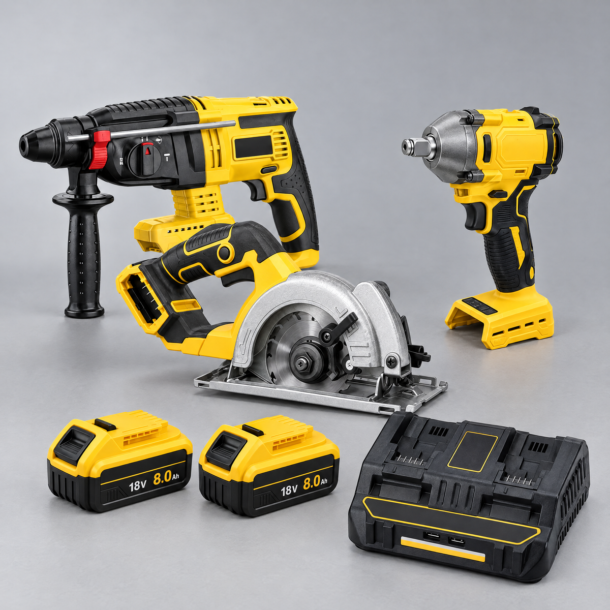 Hammer drill, circular saw and impact wrench with 2 batteries and dual charger – DeWalt-compatible