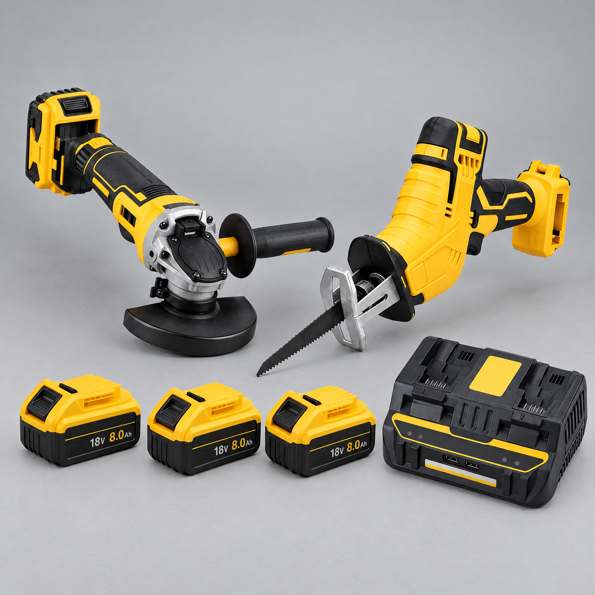 Angle grinder and cutting saw with 3 batteries and dual charger – DeWalt-compatible