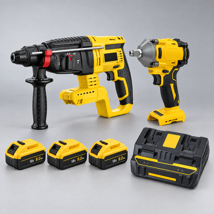 Hammer drill and impact wrench with 3 batteries and dual charger – DeWalt-compatible