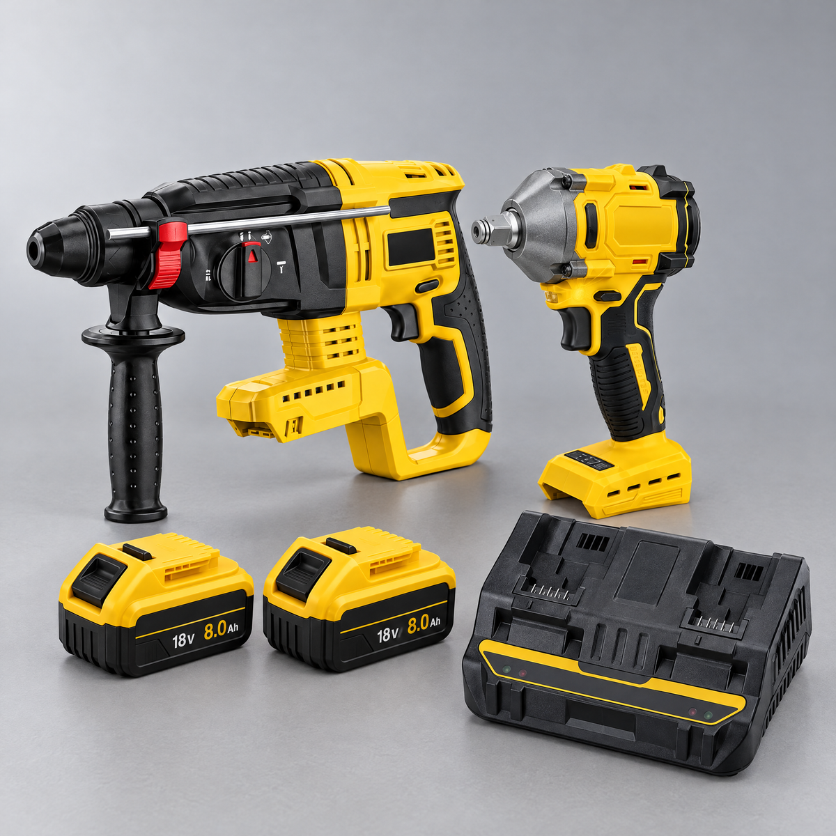 Hammer drill and impact wrench with 2 batteries and dual charger – DeWalt-compatible