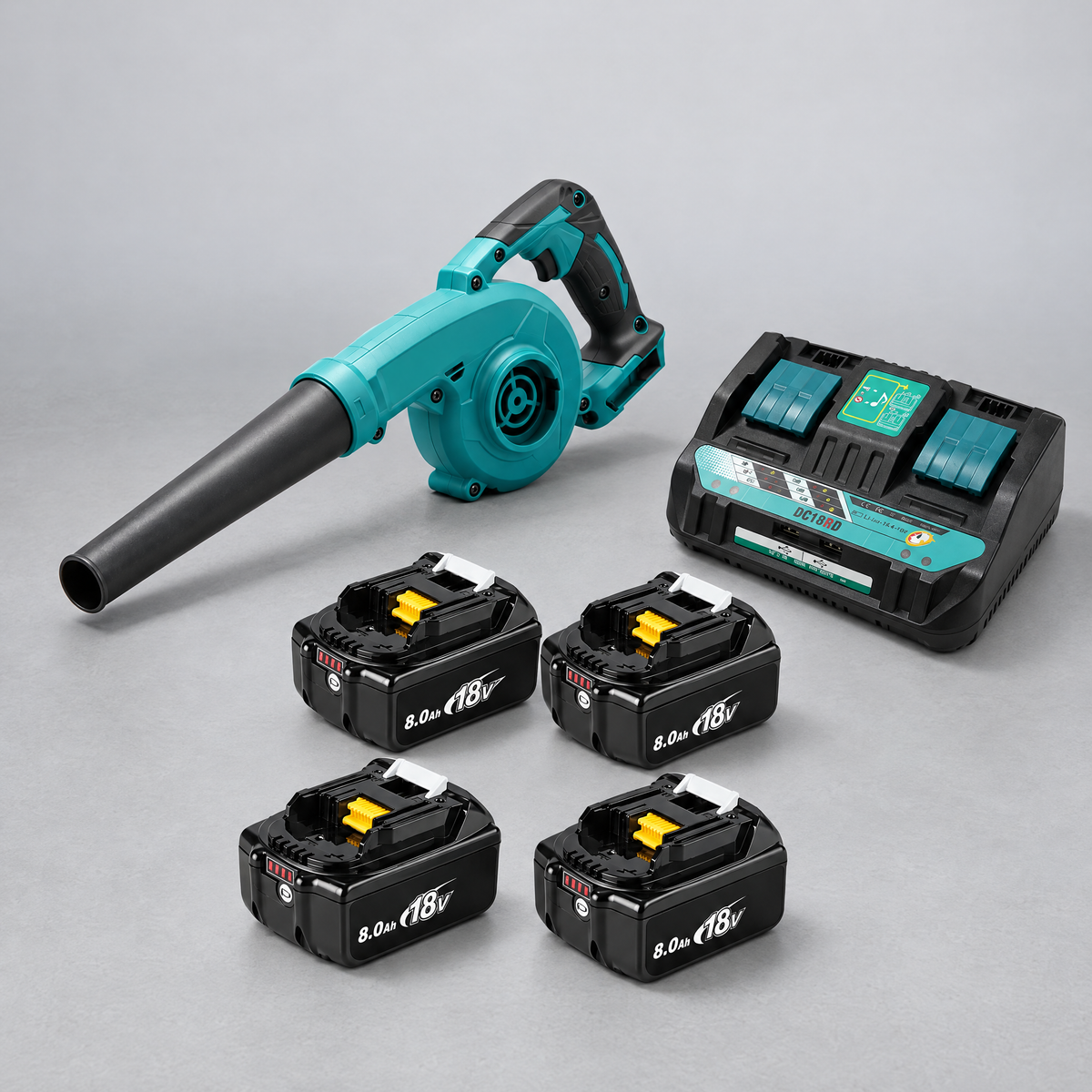 Blower with 4 batteries and dual charger – Makita-compatible