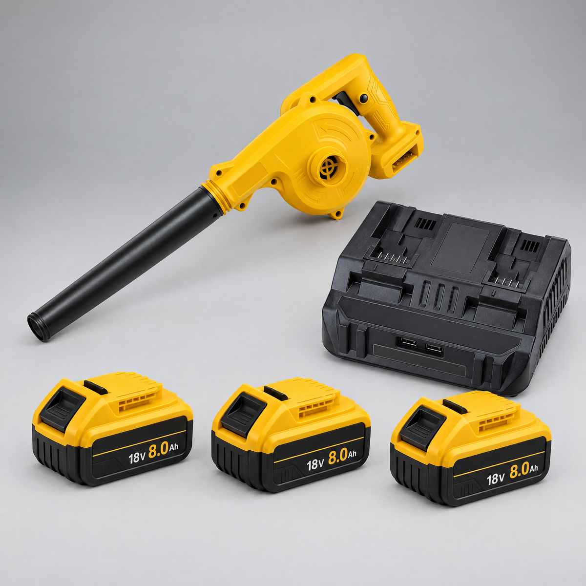 Blower with 3 batteries and dual charger – DeWalt-compatible