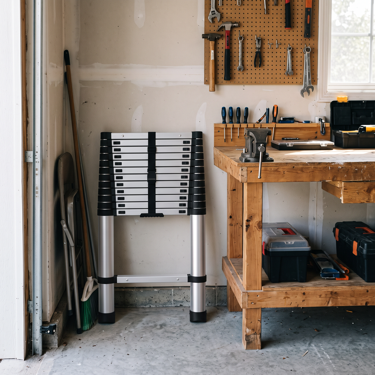 Collapsed telescopic ladder stored upright in a garage