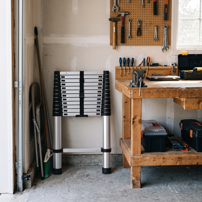 Collapsed telescopic ladder stored upright in a garage
