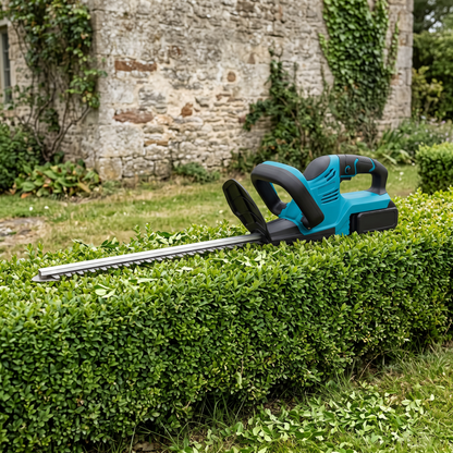 Cordless hedge trimmer resting on a freshly cut box hedge