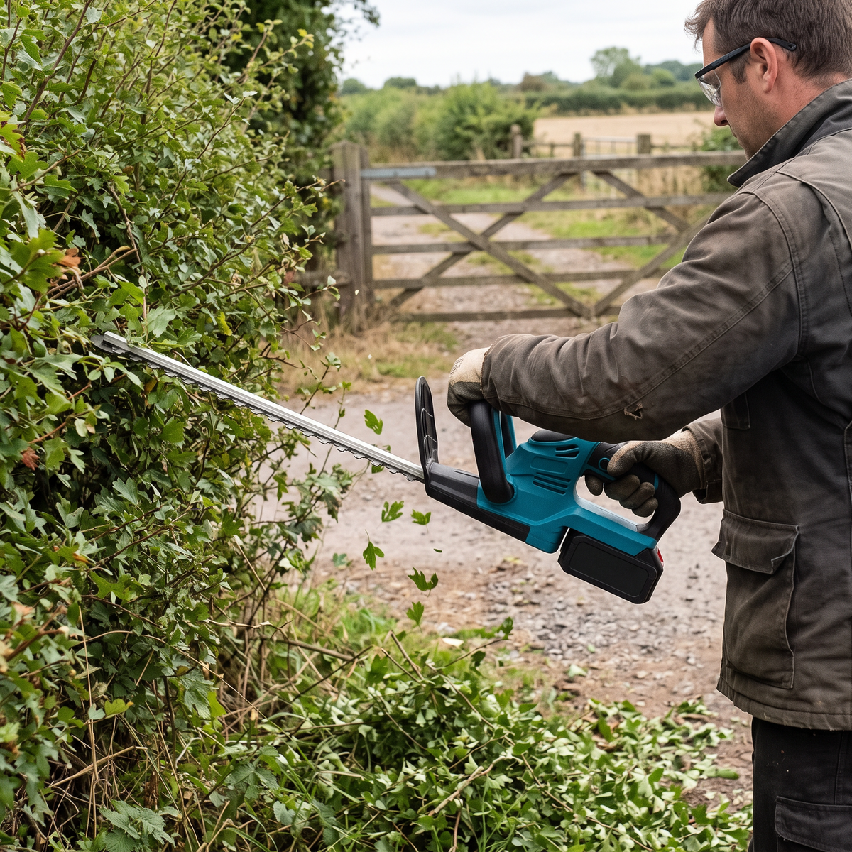 Trimming a field hedge by a farm gate with a cordless hedge trimmer
