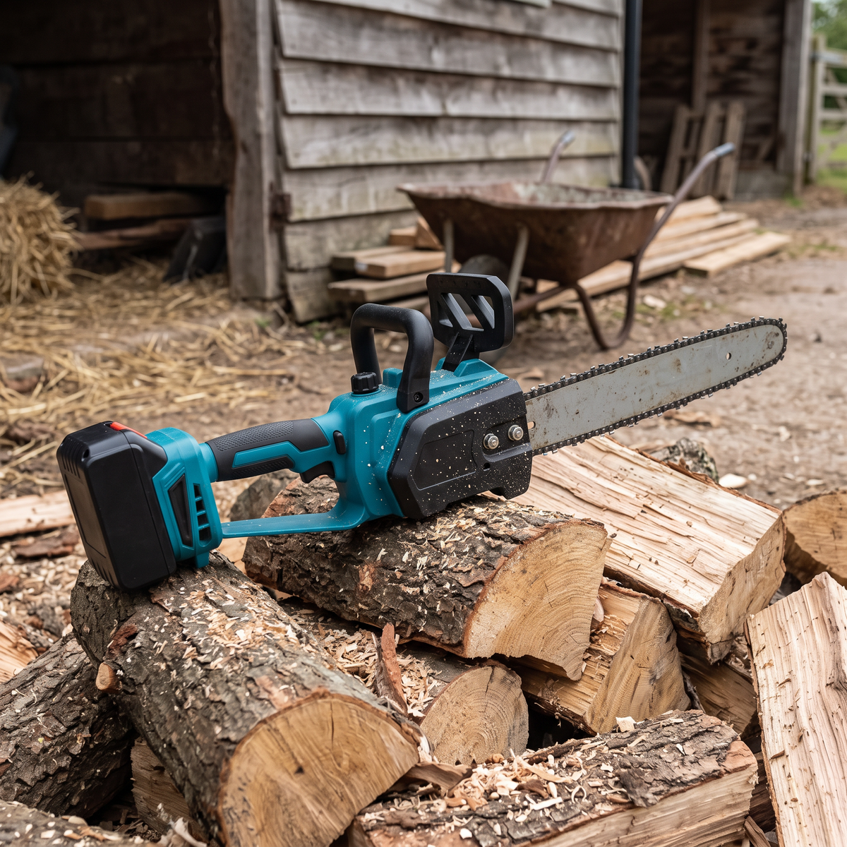 Cordless chainsaw resting on freshly cut firewood logs
