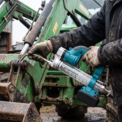 Cordless grease gun greasing the pivot on a tractor front loader