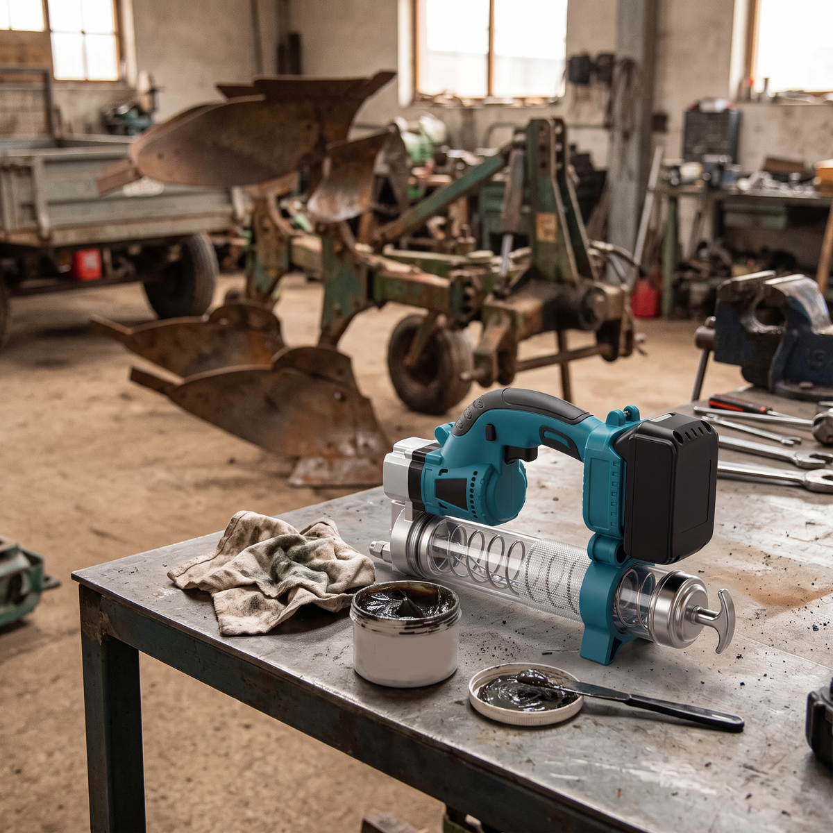 Cordless grease gun on a farm workshop bench beside a tub of grease