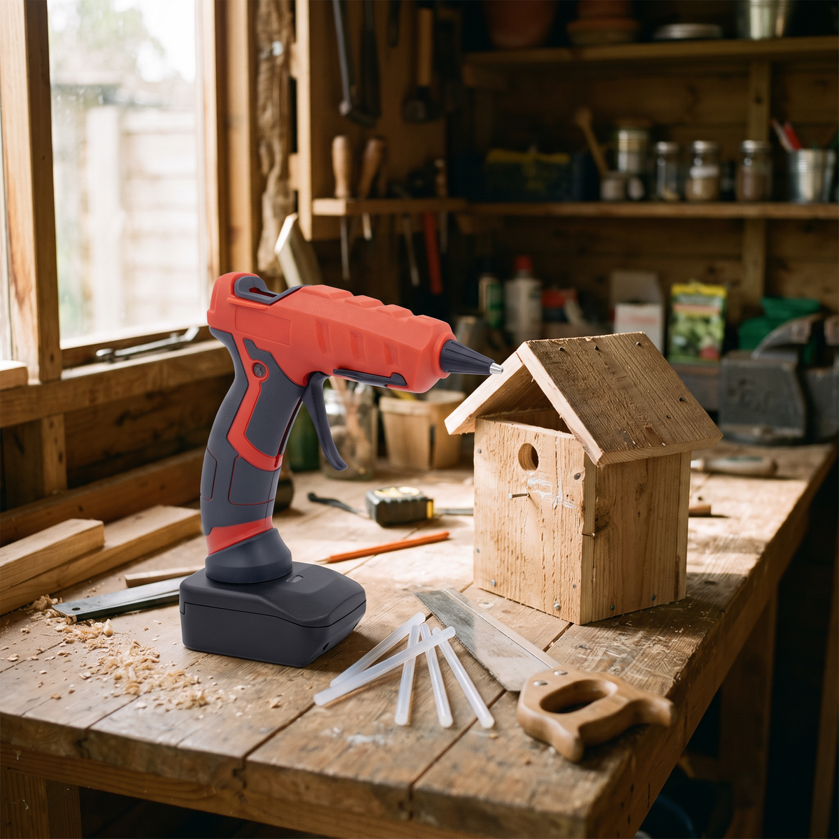 Cordless hot glue gun beside a wooden bird box on a shed bench