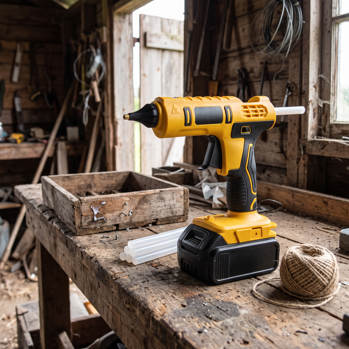 Cordless hot glue gun standing on a farm shed workbench