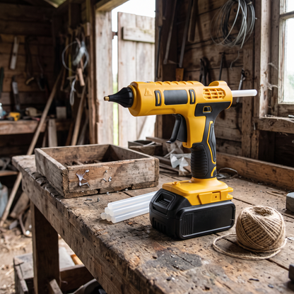 Cordless hot glue gun standing on a farm shed workbench