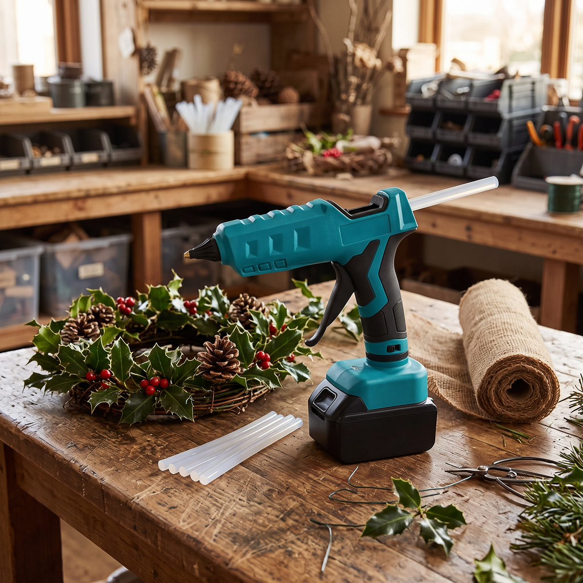 Cordless hot glue gun beside a holly wreath being made