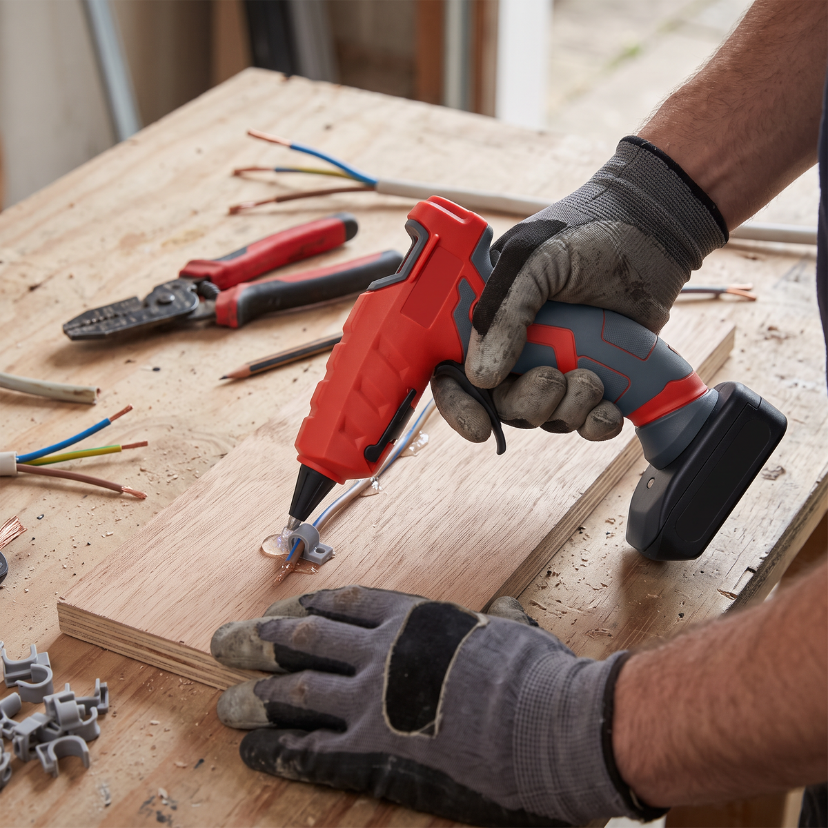 Fixing a cable clip with a cordless hot glue gun