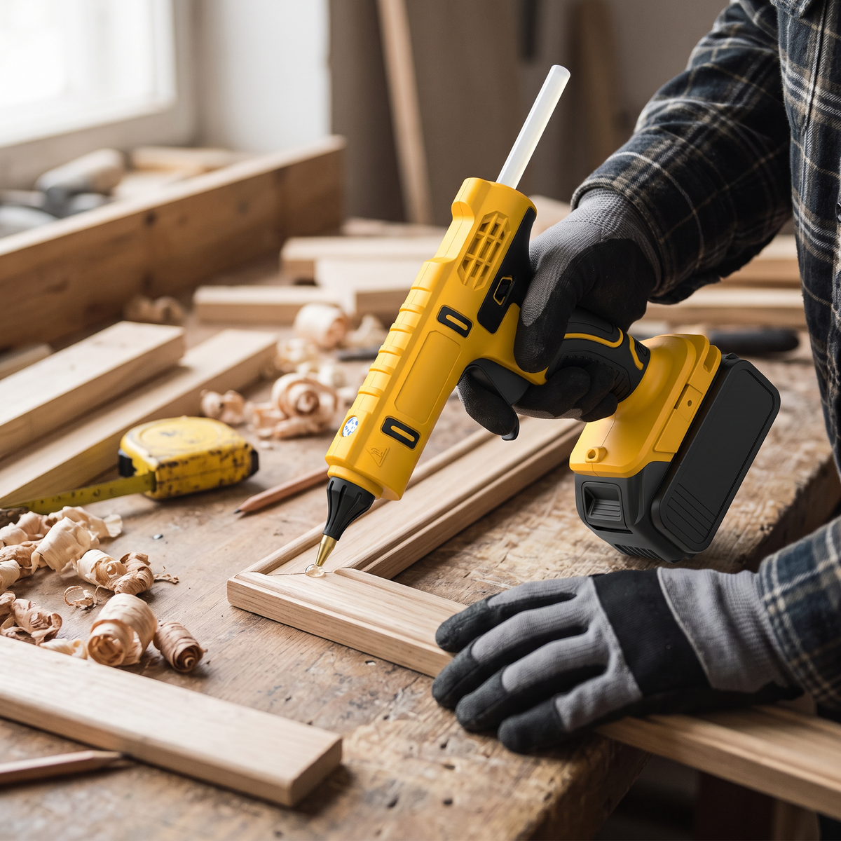 Gluing a timber trim moulding with a cordless hot glue gun