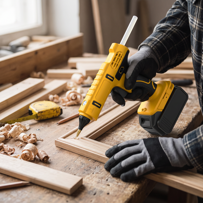 Gluing a timber trim moulding with a cordless hot glue gun