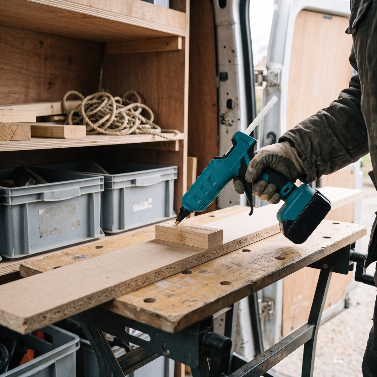 Fixing a timber block to a kitchen plinth with a cordless hot glue gun in a van