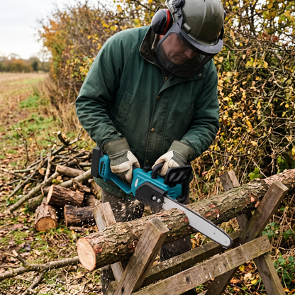Cutting a fallen branch on a sawhorse with a cordless chainsaw