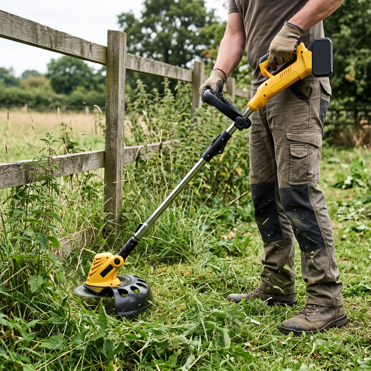 Strimming long grass and nettles along a farm fence line