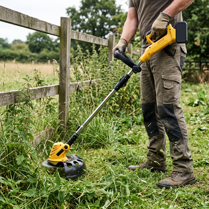 Strimming long grass and nettles along a farm fence line