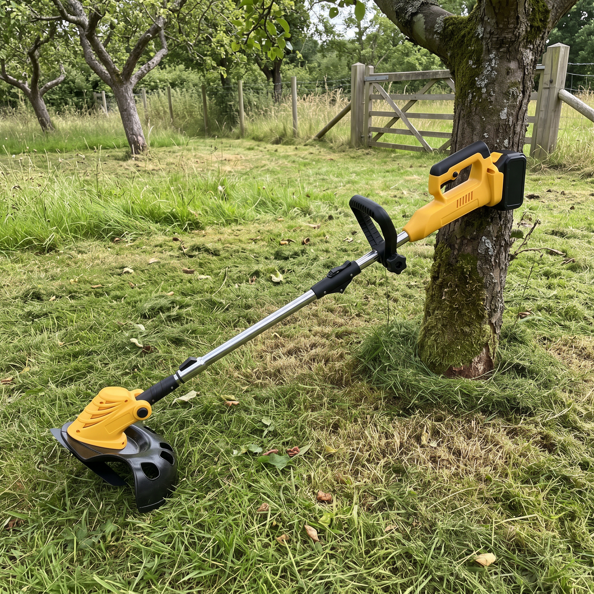 Grass trimmer beside a freshly trimmed apple tree in an orchard paddock