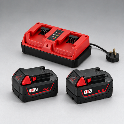 Two 18V 6.0Ah batteries and dual-port charger with UK plug – Milwaukee-compatible