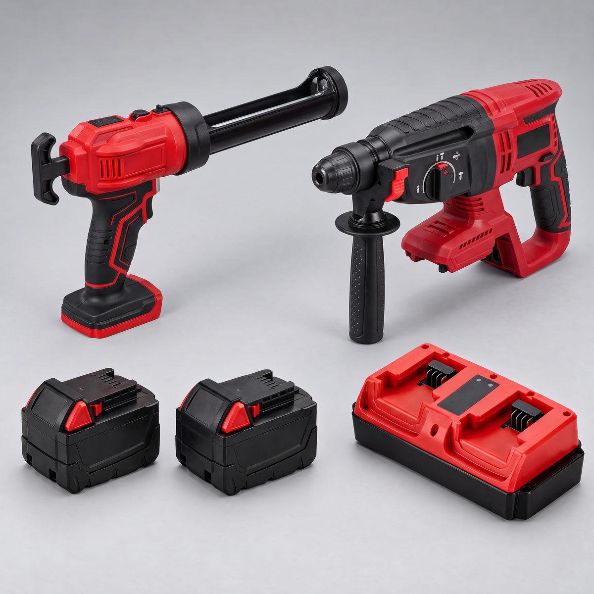 Caulking Gun + Hammer Drill kit with 2 batteries and dual charger – Milwaukee-compatible