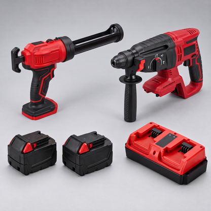 Caulking Gun + Hammer Drill kit with 2 batteries and dual charger – Milwaukee-compatible