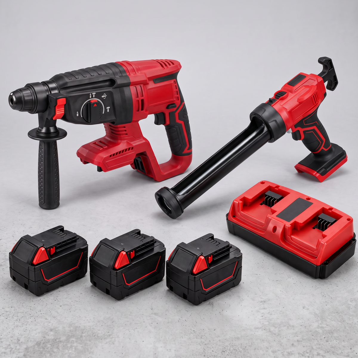 Caulking Gun + Hammer Drill kit with 3 batteries and dual charger – Milwaukee-compatible