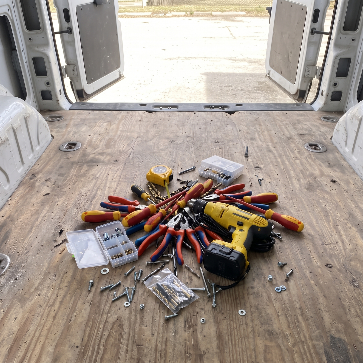 Tools tipped in a heap on a van floor