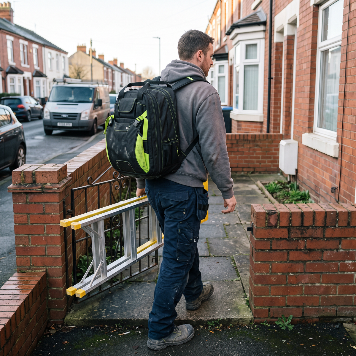 Electrician wearing the tool backpack, hands free to carry a stepladder
