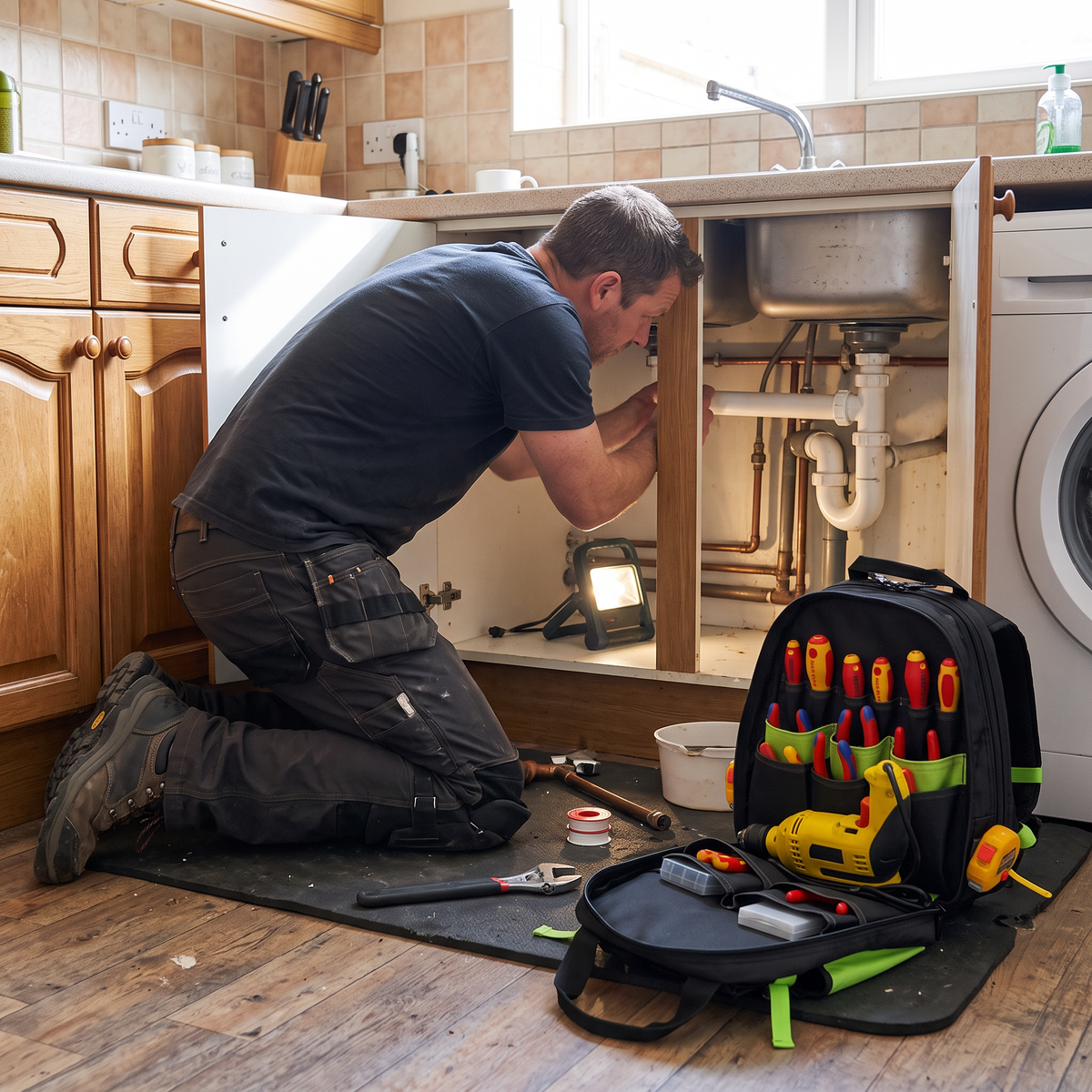 Plumber working under a sink with the tool backpack open beside him