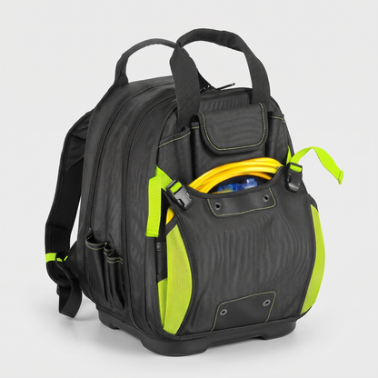 Black heavy-duty tool backpack with hi-vis green trim and moulded base