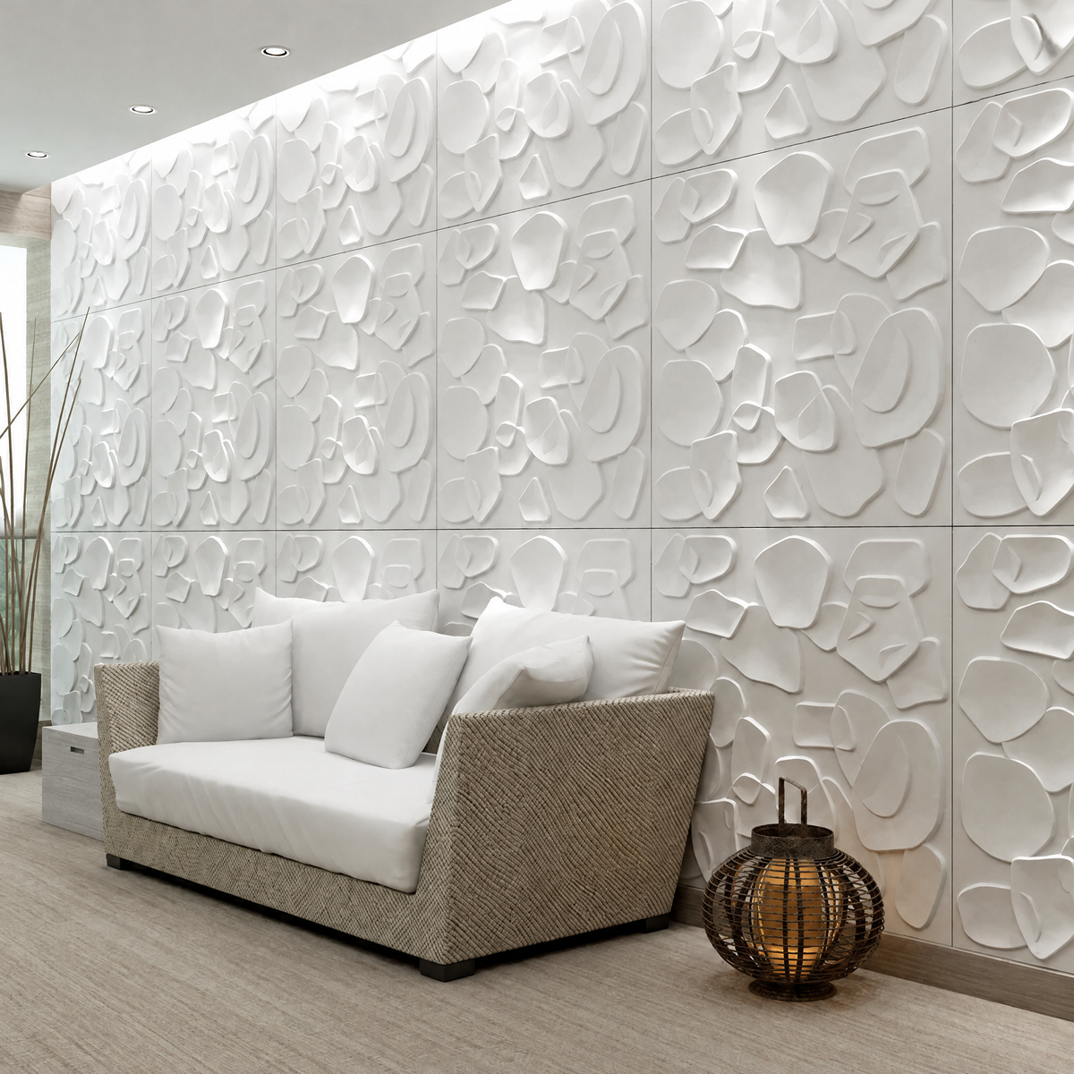 White pebble panels on a living room wall – 3D Geometric PVC Wall Panels 50cm, Pack of 12
