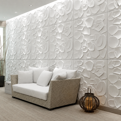 White pebble panels on a living room wall – 3D Geometric PVC Wall Panels 50cm, Pack of 12