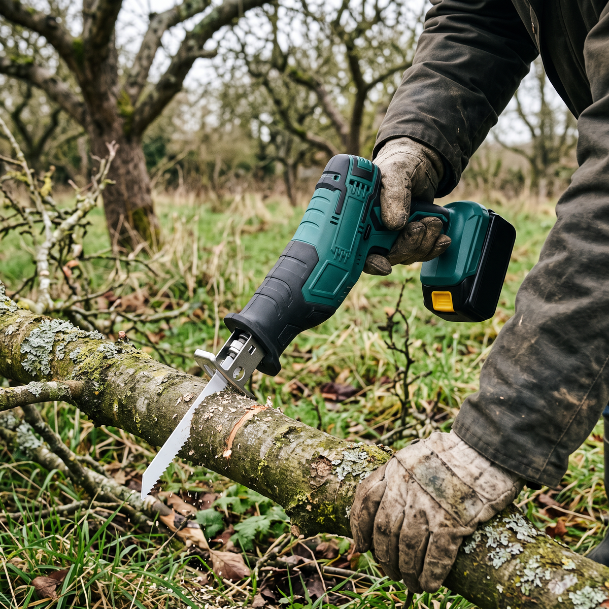 Cordless reciprocating saw cutting a fallen branch in an orchard
