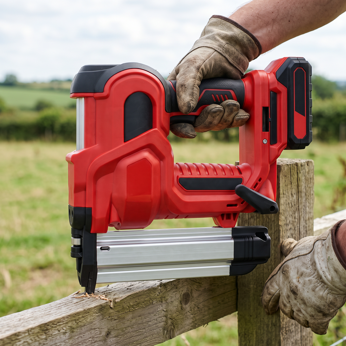 Cordless nail gun fixing a fence rail along a field