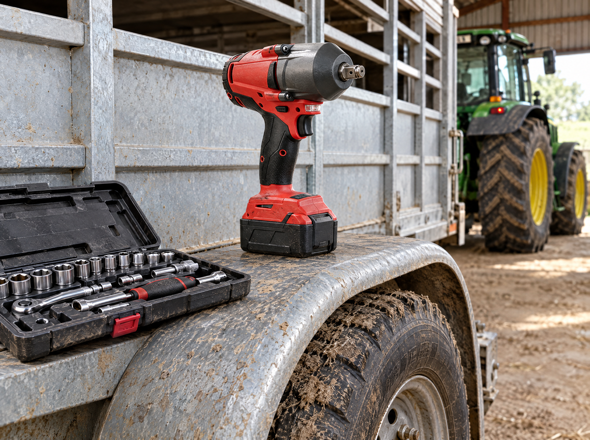Cordless impact wrench beside a livestock trailer wheel