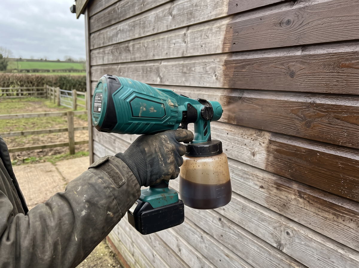 Cordless paint sprayer treating the timber cladding of a stable block