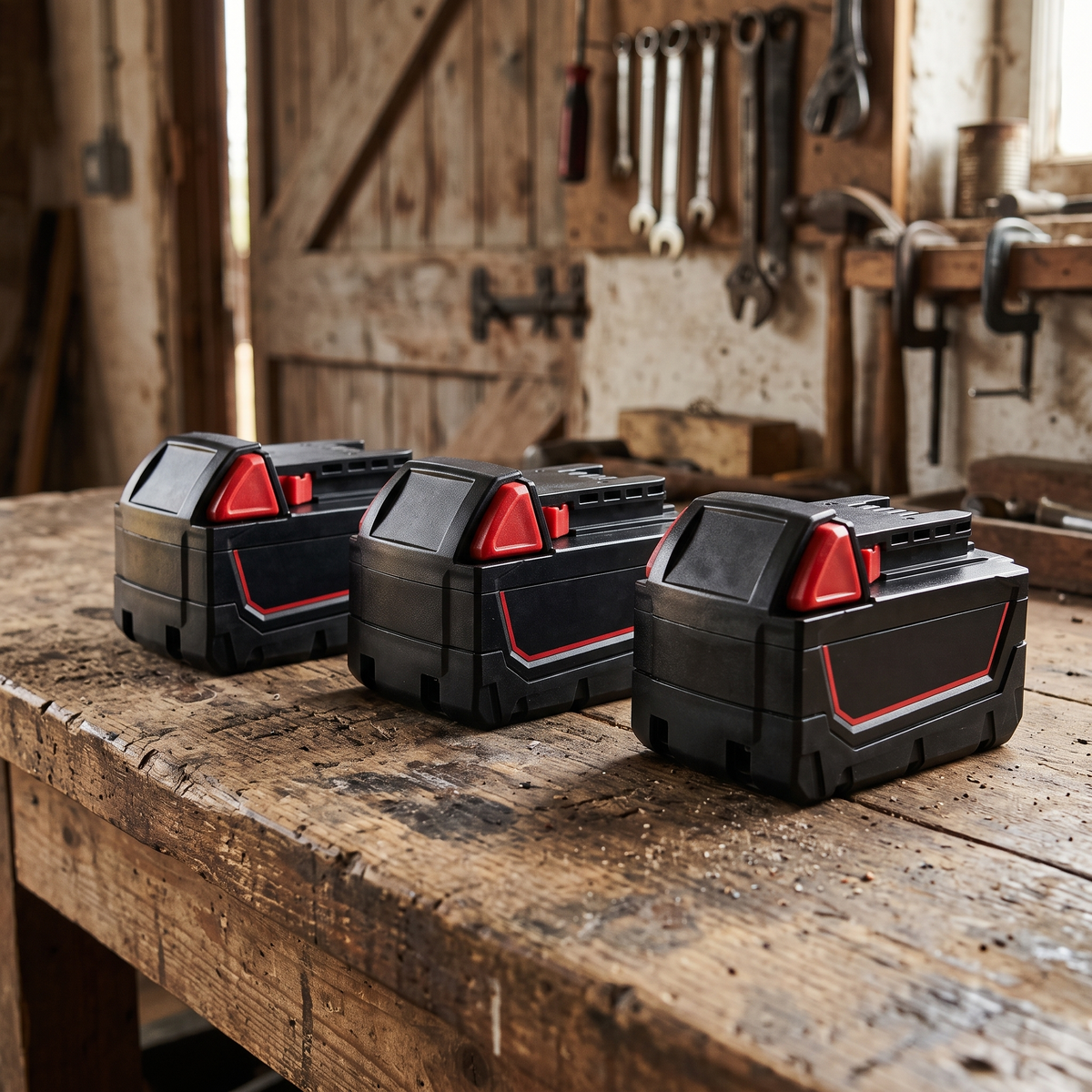 Three 18V batteries on a farm workshop bench