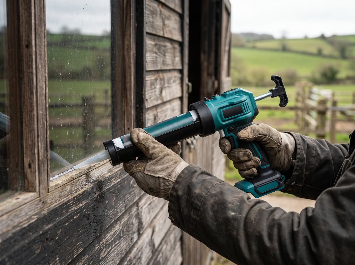 Cordless caulking gun sealing a stable window frame