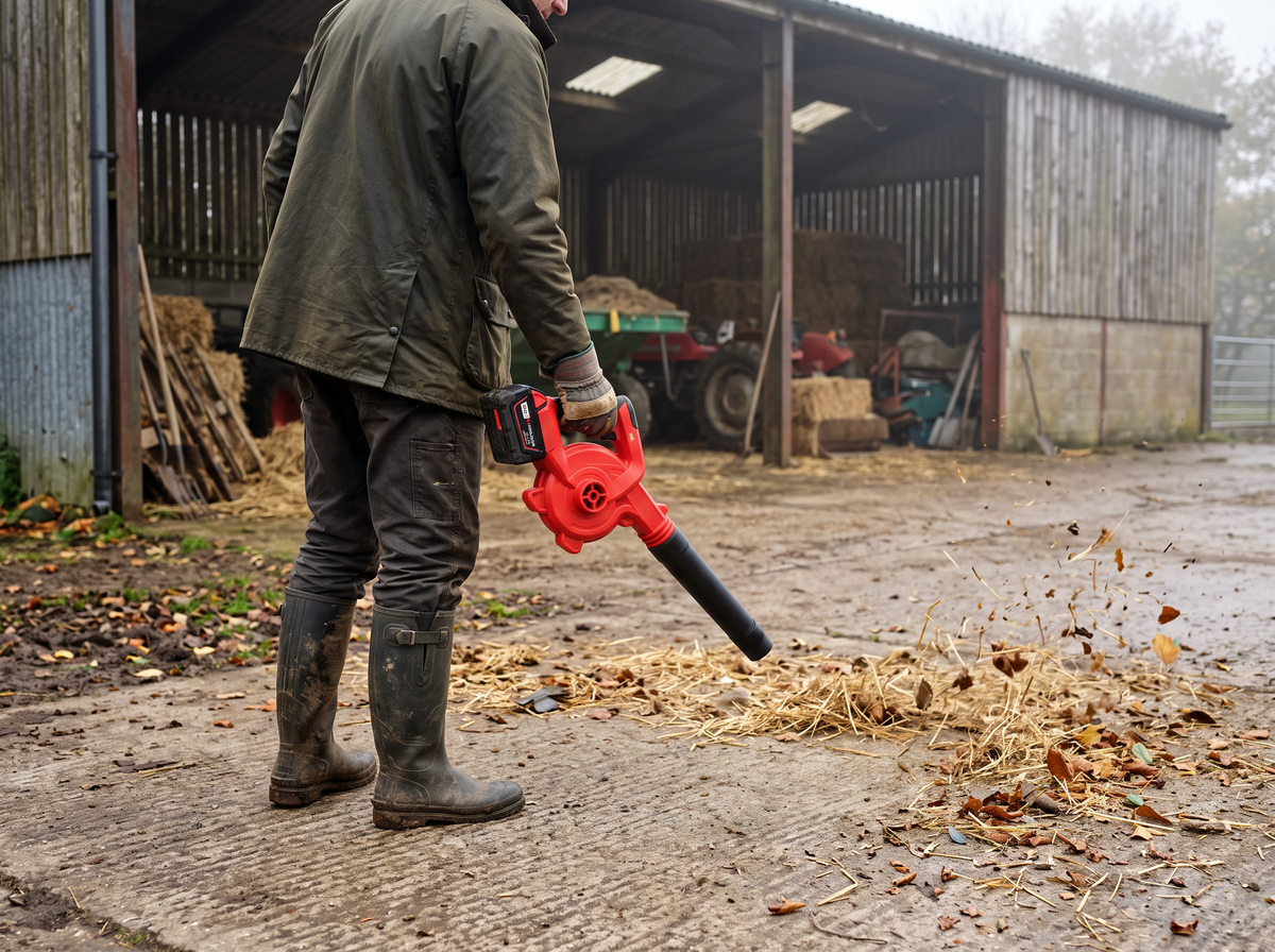 Cordless leaf blower clearing straw and leaves across a farmyard