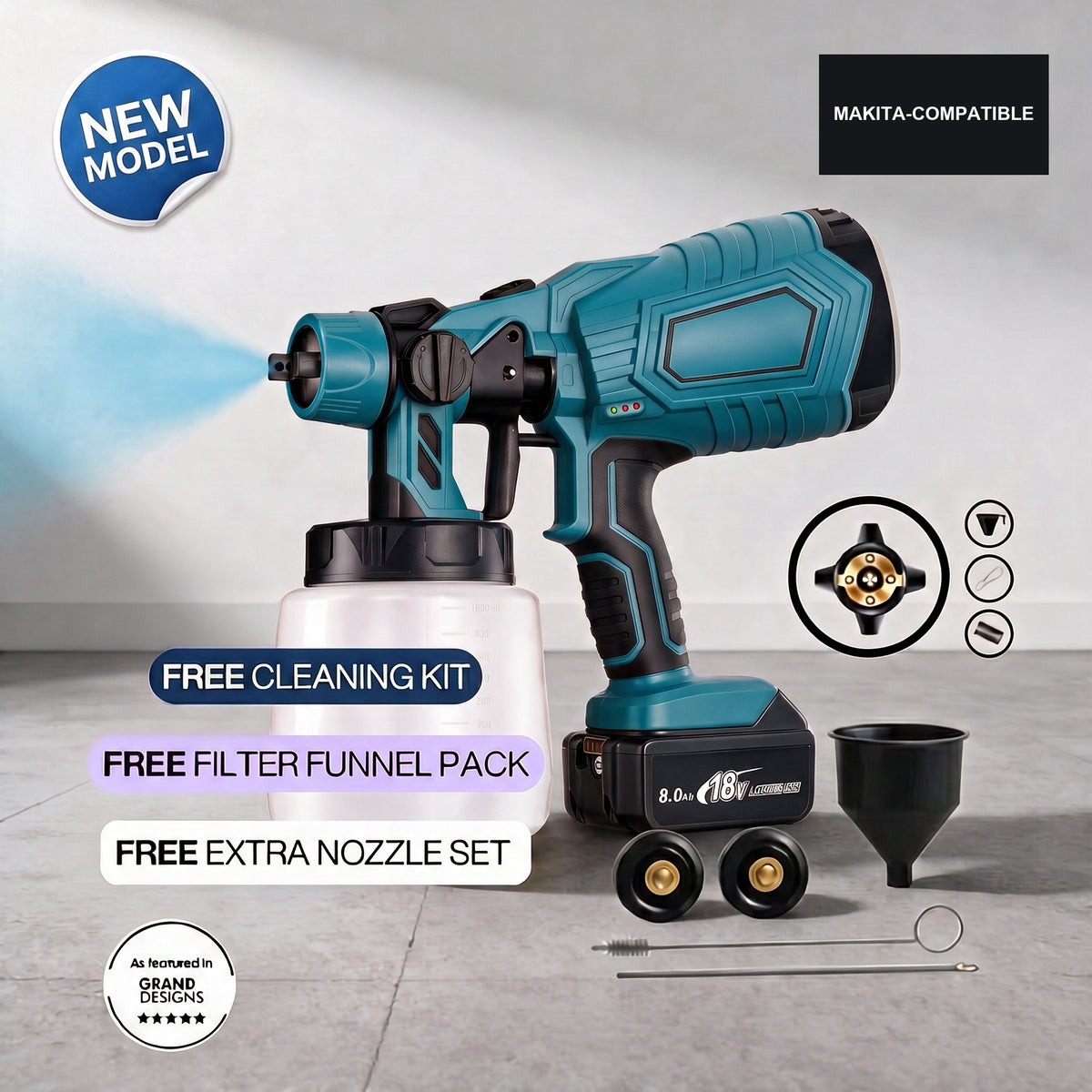 Makita-compatible paint sprayer with cleaning kit, filter funnel and nozzles