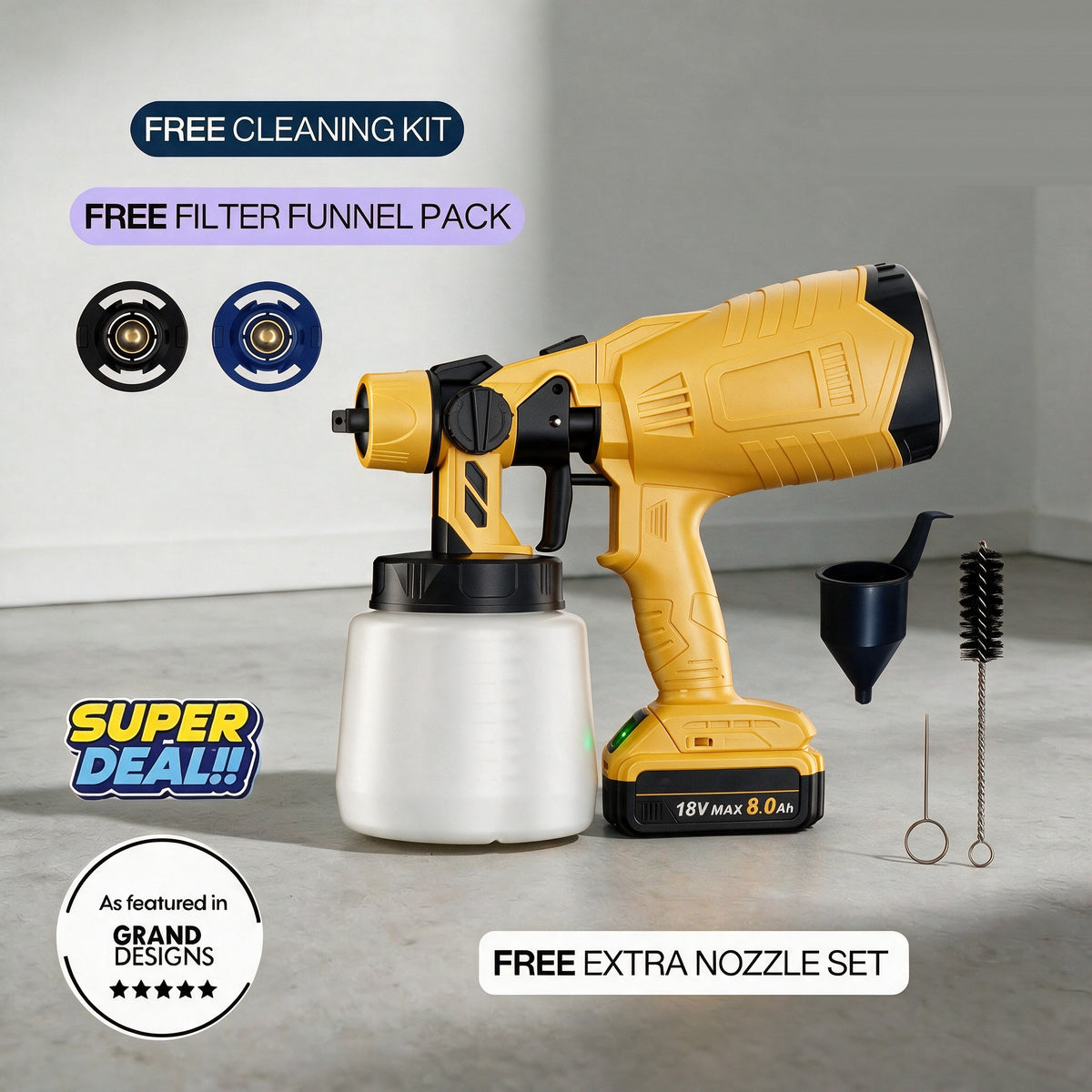 Cordless paint sprayer with filter funnel and nozzle set – DeWalt-compatible