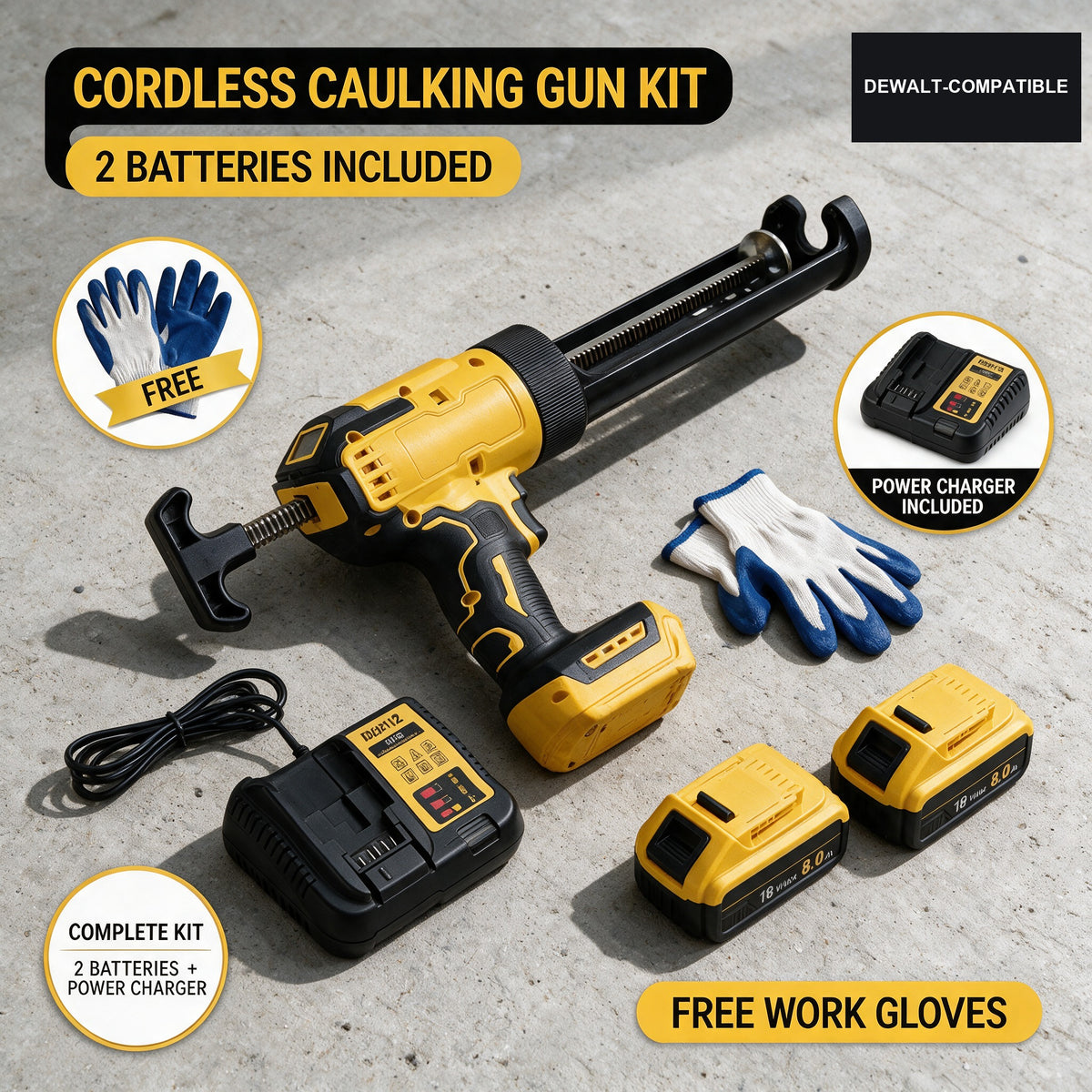 DeWalt-compatible caulking gun kit with 2 batteries and charger