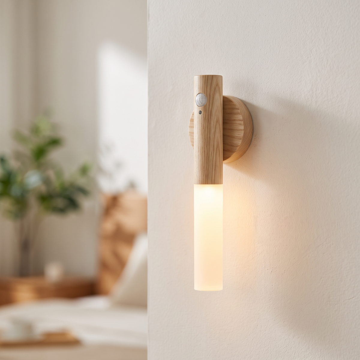 Magnetic motion sensor wall light in ash wood-effect finish on a plaster wall