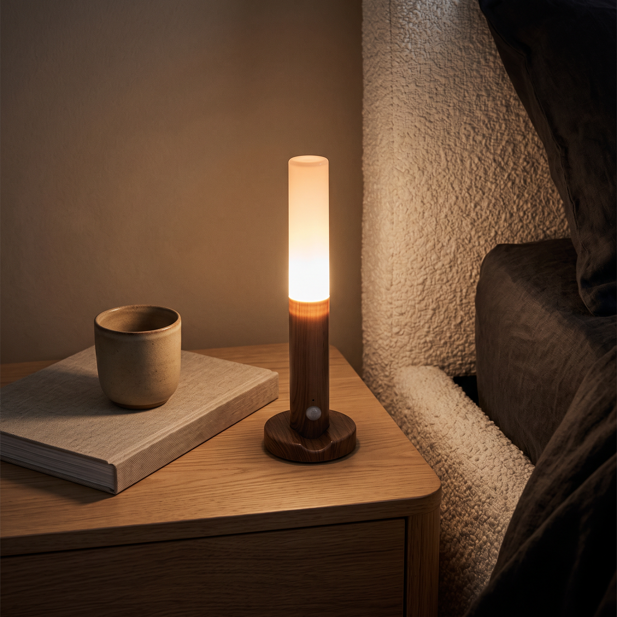 Light standing on a bedside table as a lamp