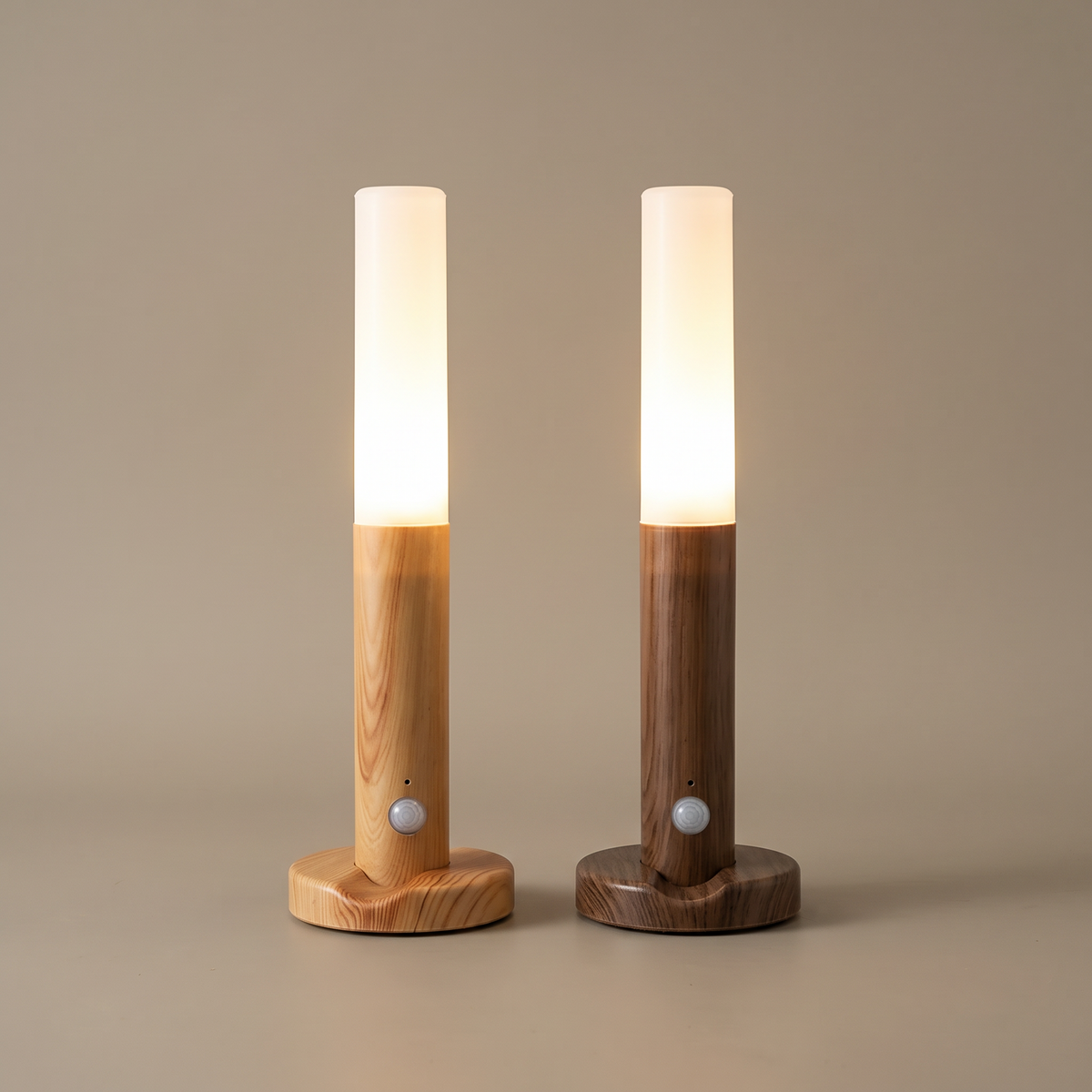 Ash and walnut finish lights standing on their bases