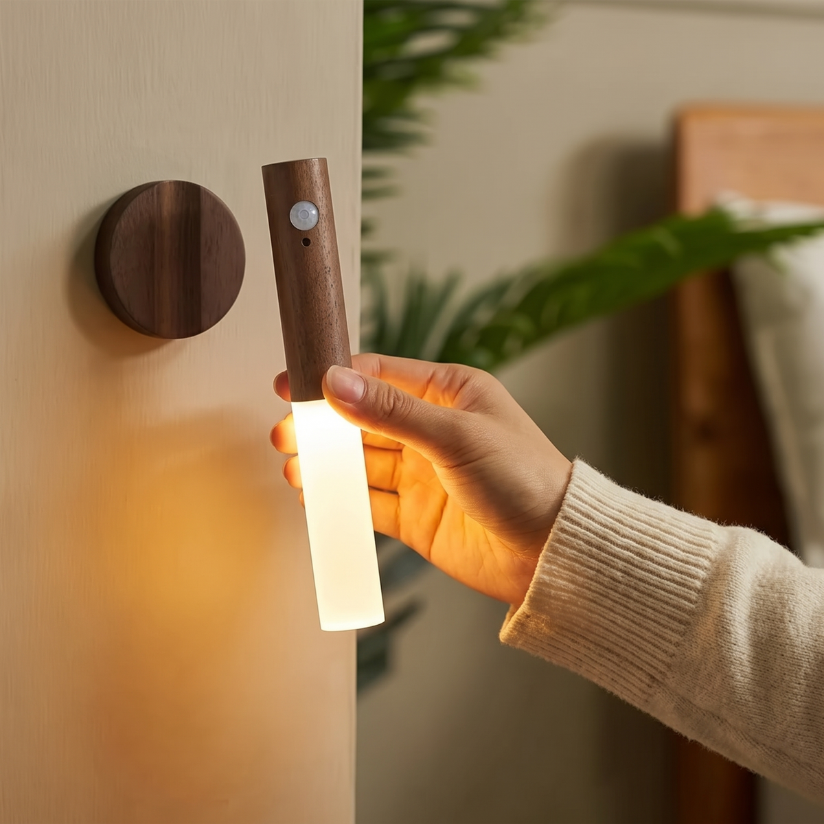Lifting the light off its magnetic wall disc to use as a torch