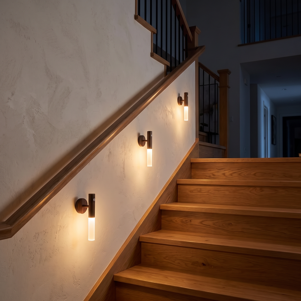 Motion sensor lights lighting a staircase at night
